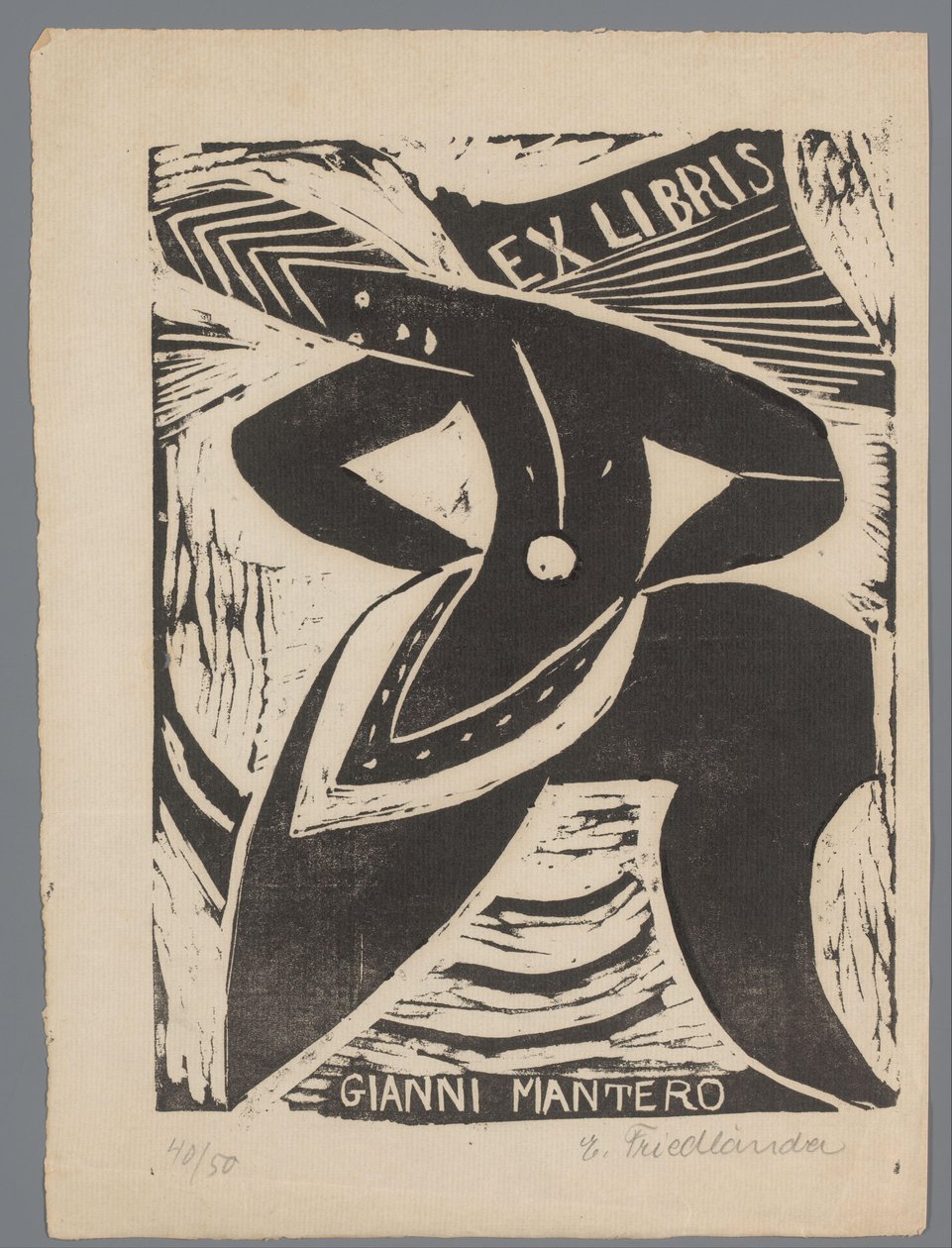 Ex libris Gianni Manterosta tekijältä Erna Levy Friedländer (signed by artist)