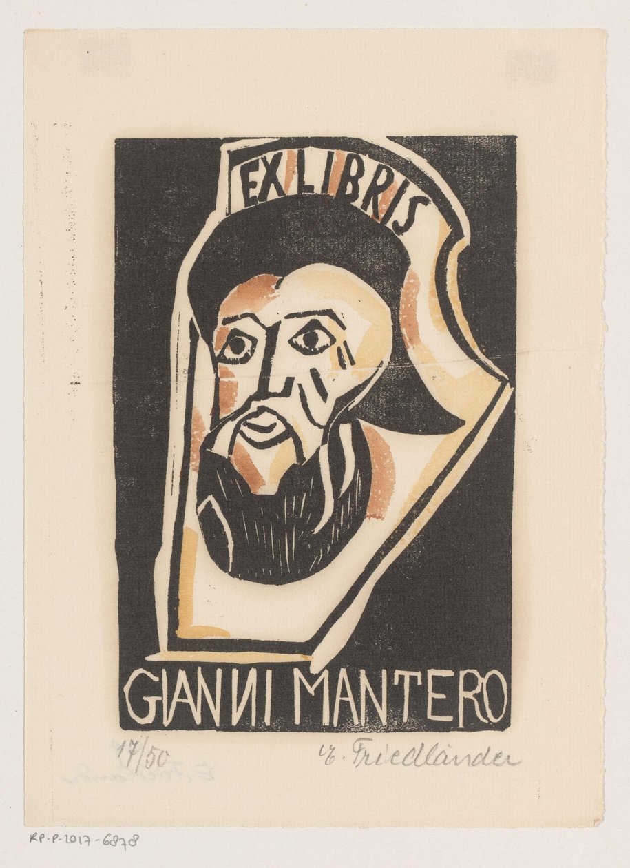 Ex libris Gianni Manterosta tekijältä Erna Levy Friedländer (signed by artist)