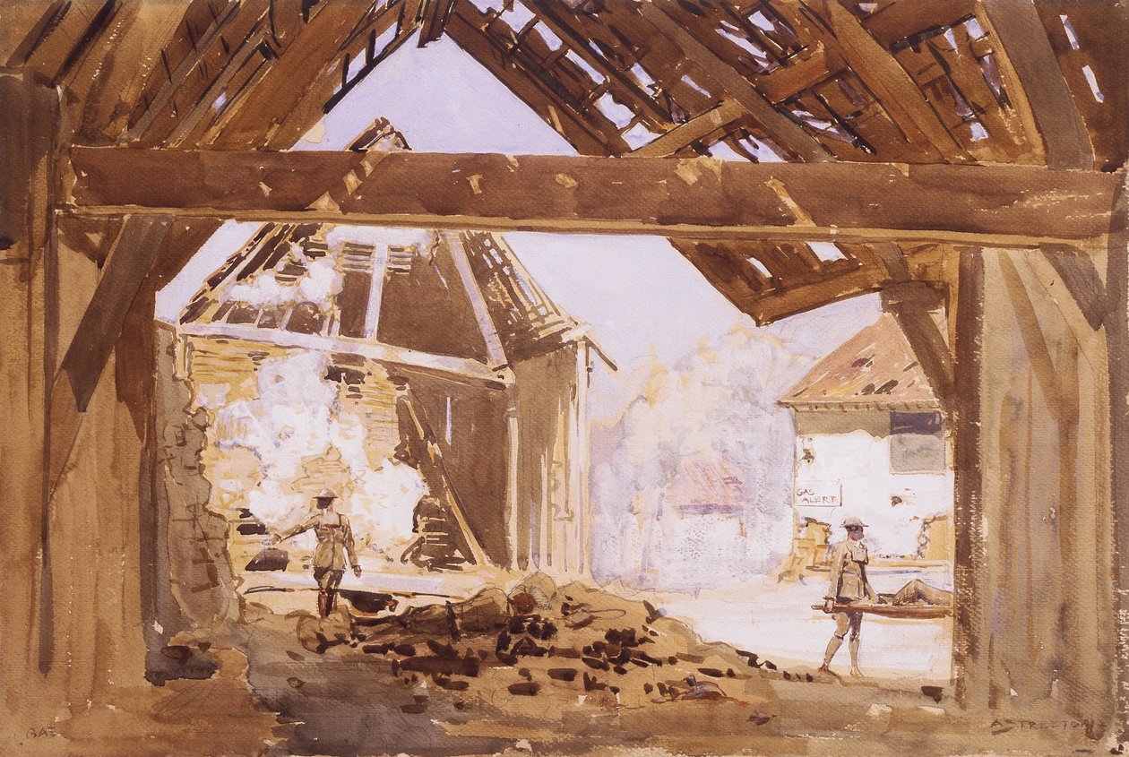 Kaasuhälytys, 1919 (wc ja guassikynä paperille) tekijältä Arthur Streeton