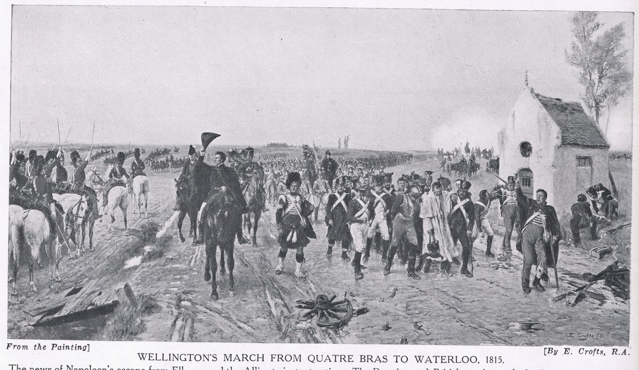 Wellingtonin marssi Quatre Brasista Waterloon, 1815, kuvitus teoksesta 