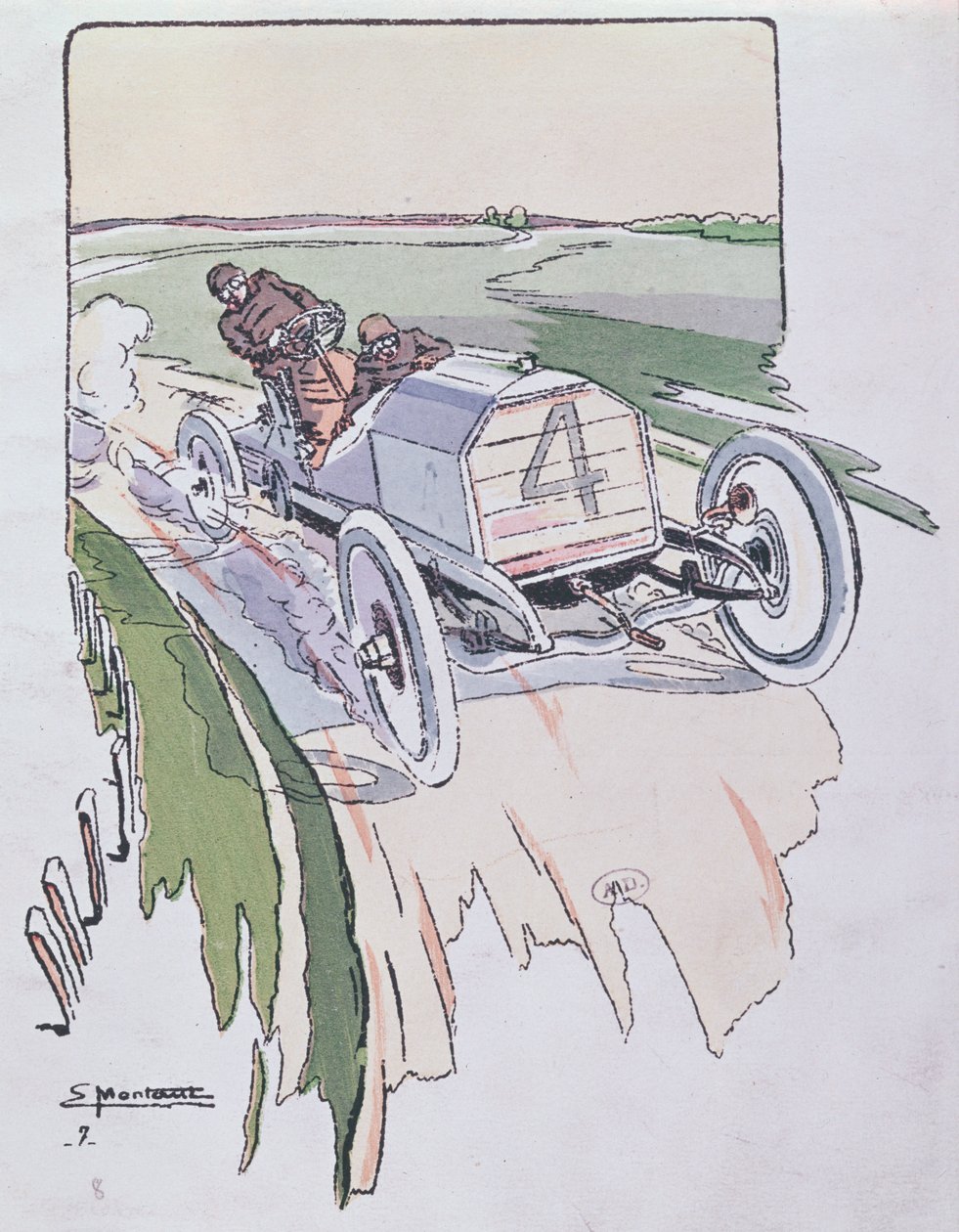 Camille Jenatzy Mercedellään kilpailemassa Gordon-Bennett-kisassa vuonna 1903, n. 1910 tekijältä Ernest Montaut