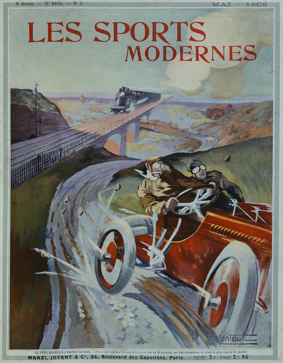 "Michelinin renkaat ovat nopeampia kuin rautatie!", Les Sports Modernes -lehden etukansi, toukokuu 1905 tekijältä Ernest Montaut