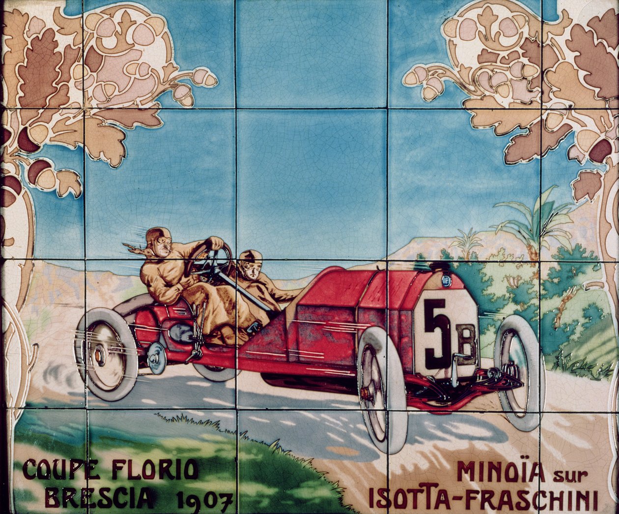 Minoia ajaa Isotta Fraschini -autoa Florio Brescia Cupissa 1907: keraamiset laatat, joita valmistaa pariisilainen Gilardoni Fils et Cie Ernest Montaut