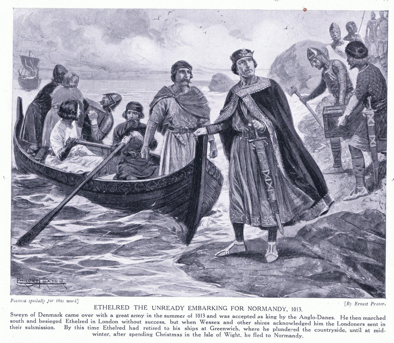 Ethelred the Unready lähdössä Normandiaan AD1013, 1920-luku tekijältä Ernest Prater