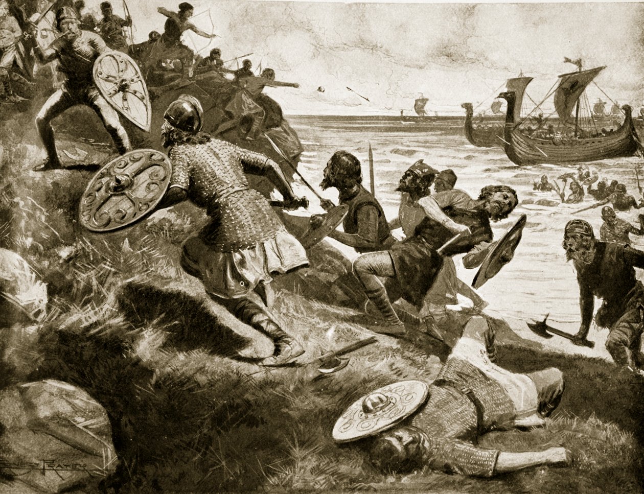 Kuningas Caedwalla hyökkää Isle of Wightia vastaan, 686, esimerkki teoksesta "The History of the Nation" tekijältä Ernest Prater