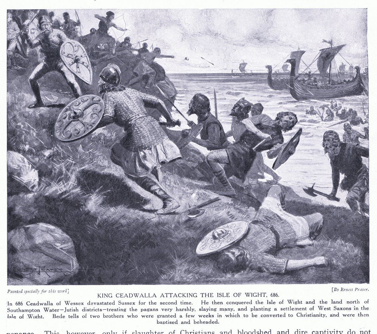 Kuningas Ceadwalla hyökkäämässä Isle of Wightia vastaan AD686, 1920-luku tekijältä Ernest Prater