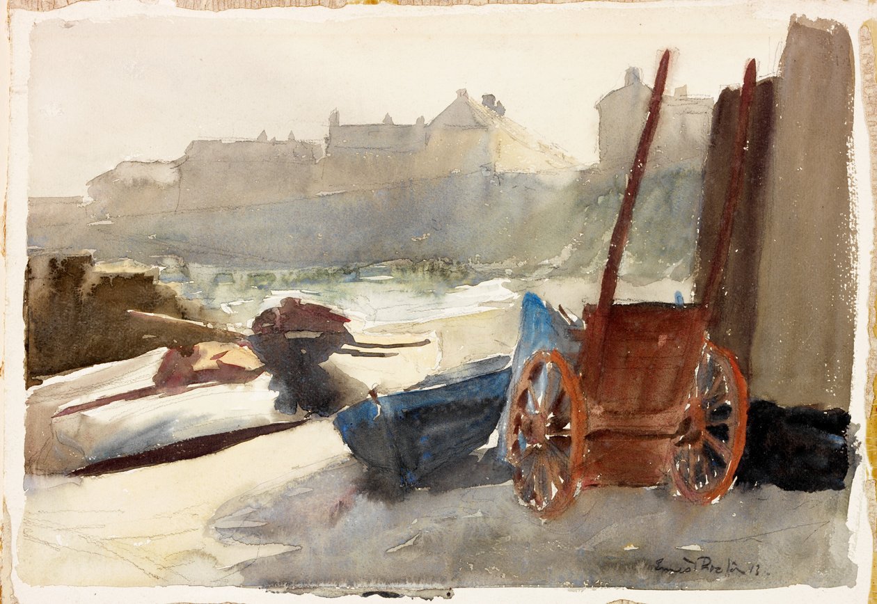 Old Newlyn (lyijykynä ja akvarelli kartongille) tekijältä Ernest Procter
