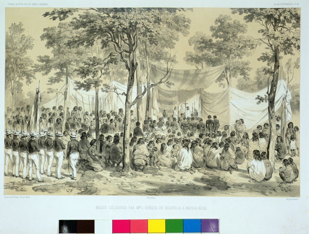 Näkymä kuuluisasta messusta, jota Nilopoliksen piispa piti Manga-Revassa teoksesta "Matka maailman ympäri fregatti Venuksella, 1836-39", kaiverrettu Bayot, 1841 tekijältä Ernest Auguste Goupil