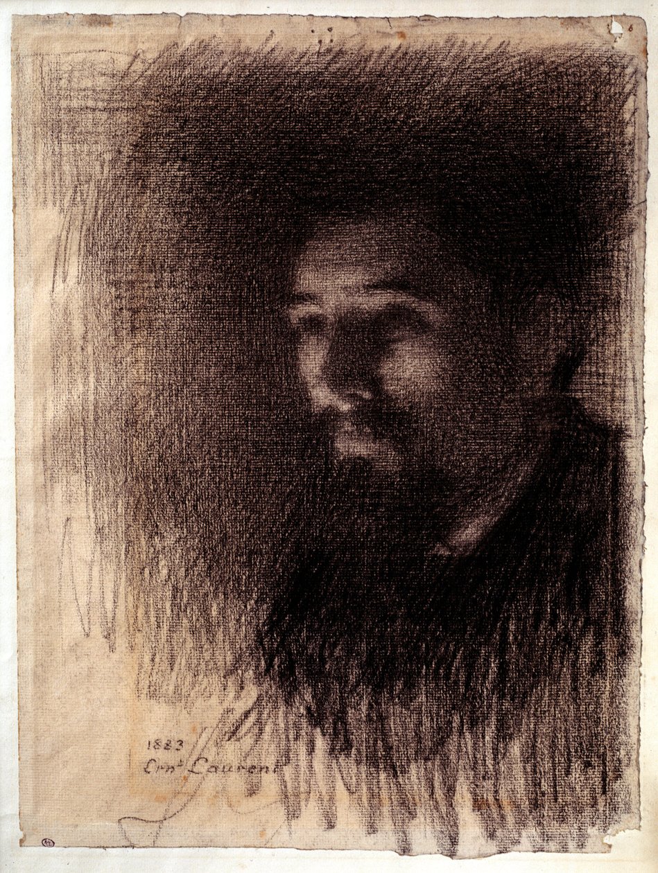 Taidemaalari Georges Pierre Seuratin muotokuva. Laurent Ernestin (1858-1929) hiilipiirros valkoiselle paperille tekijältä Ernest Joseph Laurent