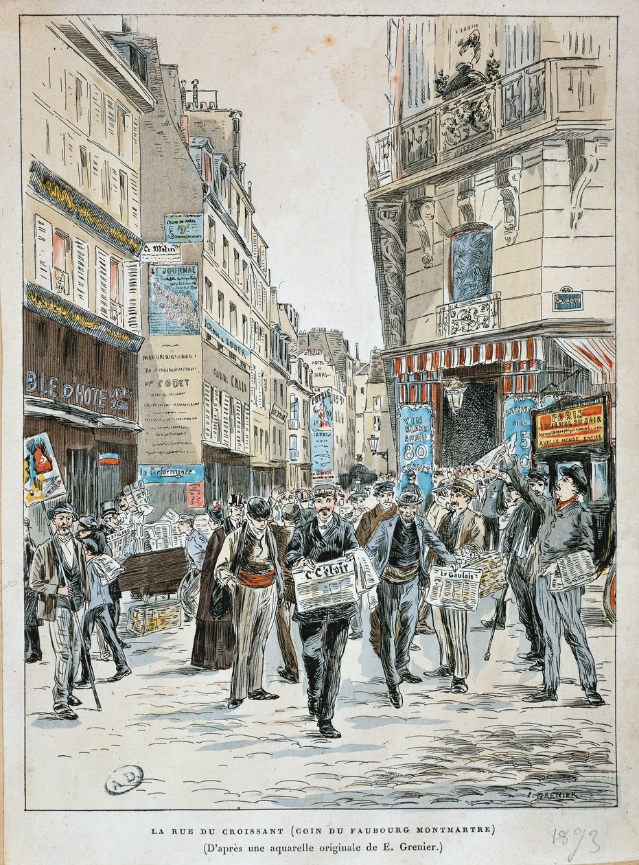 Ranska, Pariisi, sanomalehtimyyjä rue du Croissantissa rue du Faubourg Montmartren kulmassa Pariisissa kirjoittanut Ernest Grenier, vedos vesiväristä tekijältä Ernest (after) Grenier