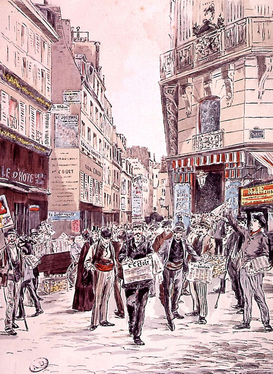 uutismyyjät Pariisin kaduilla vuonna 1893, kaiverrus tekijältä Ernest (after) Grenier
