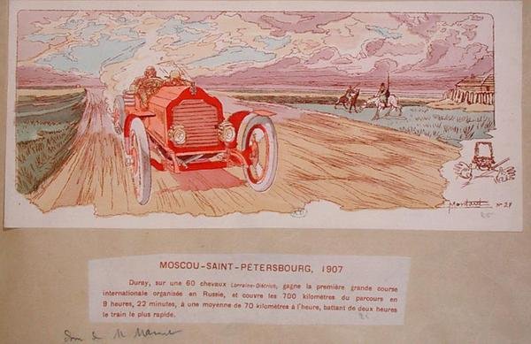 Arthur Duray Lorraine-Dietrich -autollaan voittamassa Moskova-Pietari-rallia vuonna 1907, n. 1910 (värilitografia). tekijältä Ernest (after) Montaut