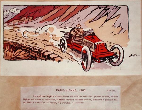 Marcel Renault (1872-1903) Renault Freres -autollaan Pariisin ja Wienin välisessä rallissa vuonna 1902, n. 1910 (värilitro). tekijältä Ernest (after) Montaut