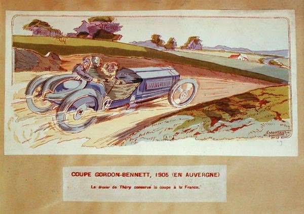 Richard-Brasier-auto, jota Leon Thery ajoi Gordon-Bennett-kilpailun aikana Auvergnessa vuonna 1905, n. 1910 (väri litho) tekijältä Ernest (after) Montaut