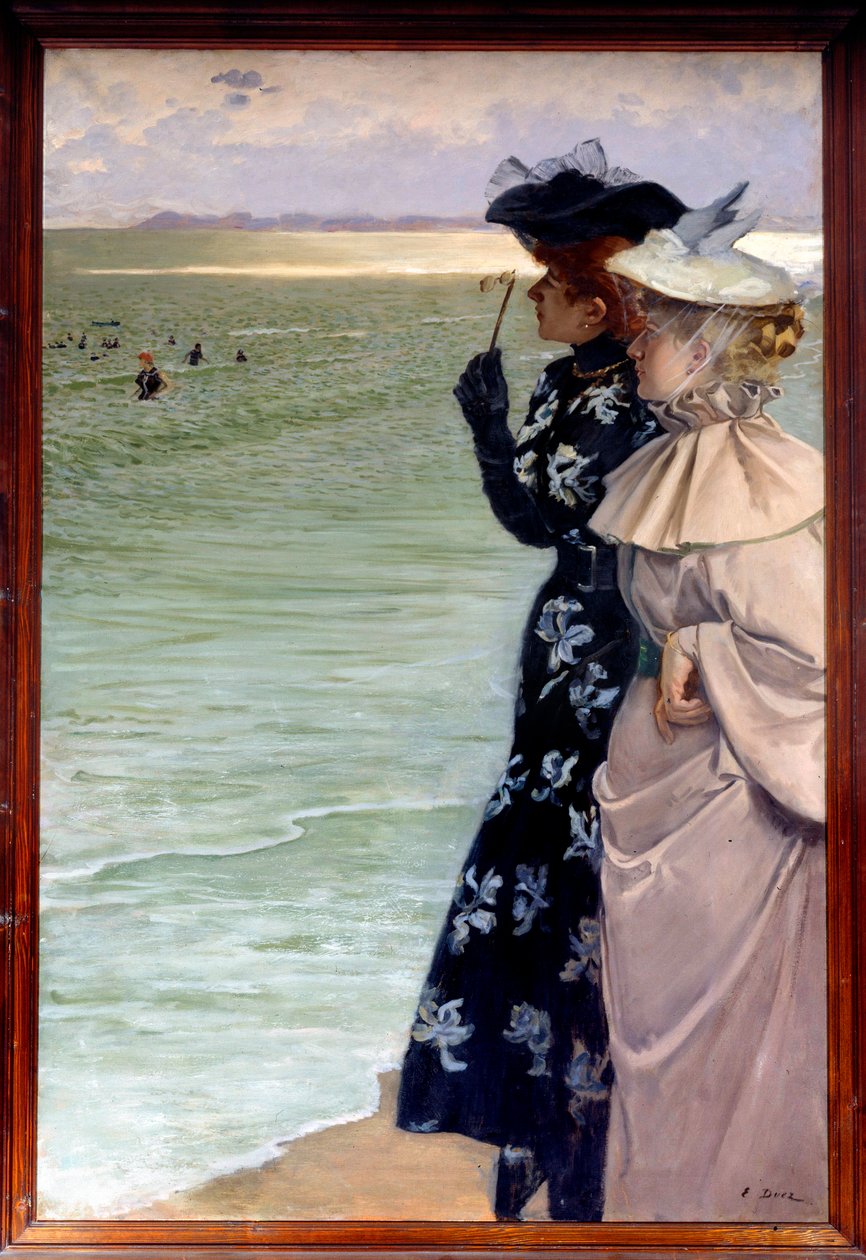 Kaunis aikakausi: "" Kylpyaika meren rannalla"" Kaksi naista rannalla tutkimassa uimareita kiikareissa. Ernest Ange Duezin (1843-1896) maalaus 1896 su. 1,06x1,6 m Rouen, musee des Beaux Arts - Belle epoque: "" Kylpyaika meren rannalla"" Kaksi naista tekijältä Ernest Ange Duez
