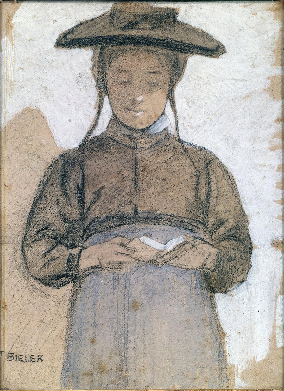 Nuori valaislainen nainen lukee messukirjaansa tekijältä Ernest Bieler