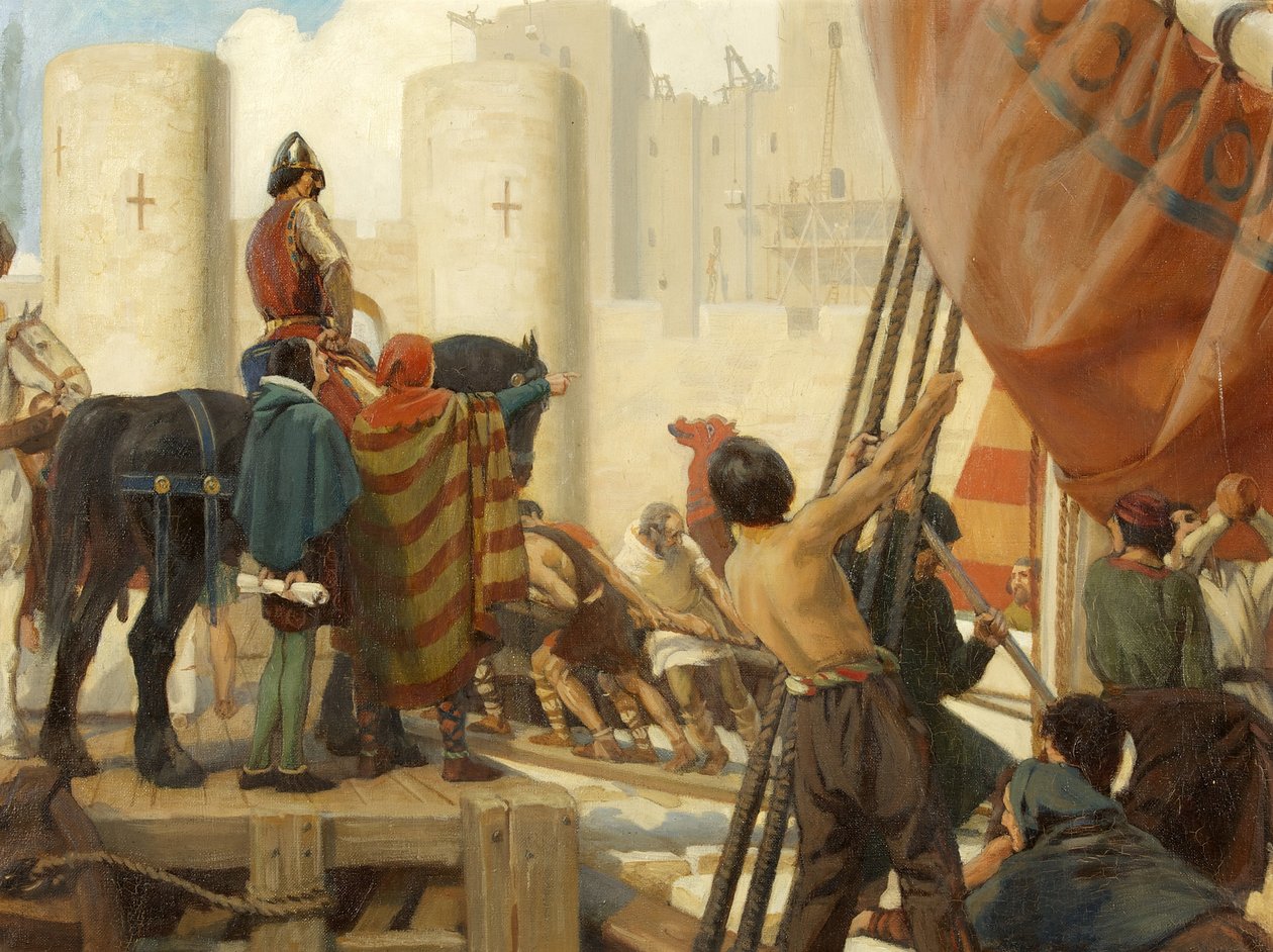 Robert, Gloucesterin jaarli, rakentamassa Bristolin linnan suurta tornia vuonna 1116 (öljy kankaalle) tekijältä Ernest Board