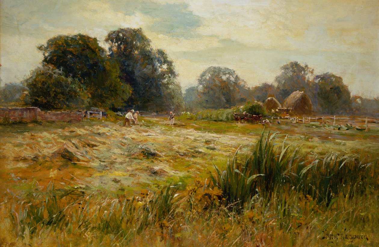 Turning the Hay, lähellä Eppingiä, Essex (öljy aluksella) tekijältä Ernest C. Walbourne
