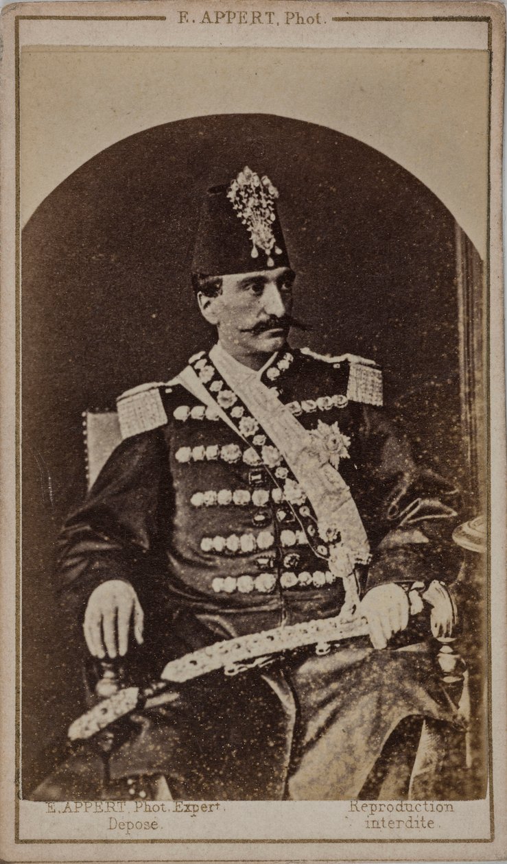Nasser al-Din Shah Qajarin muotokuva 1831–1896, Persian keisari, s. 1870. tekijältä Ernest Charles Appert