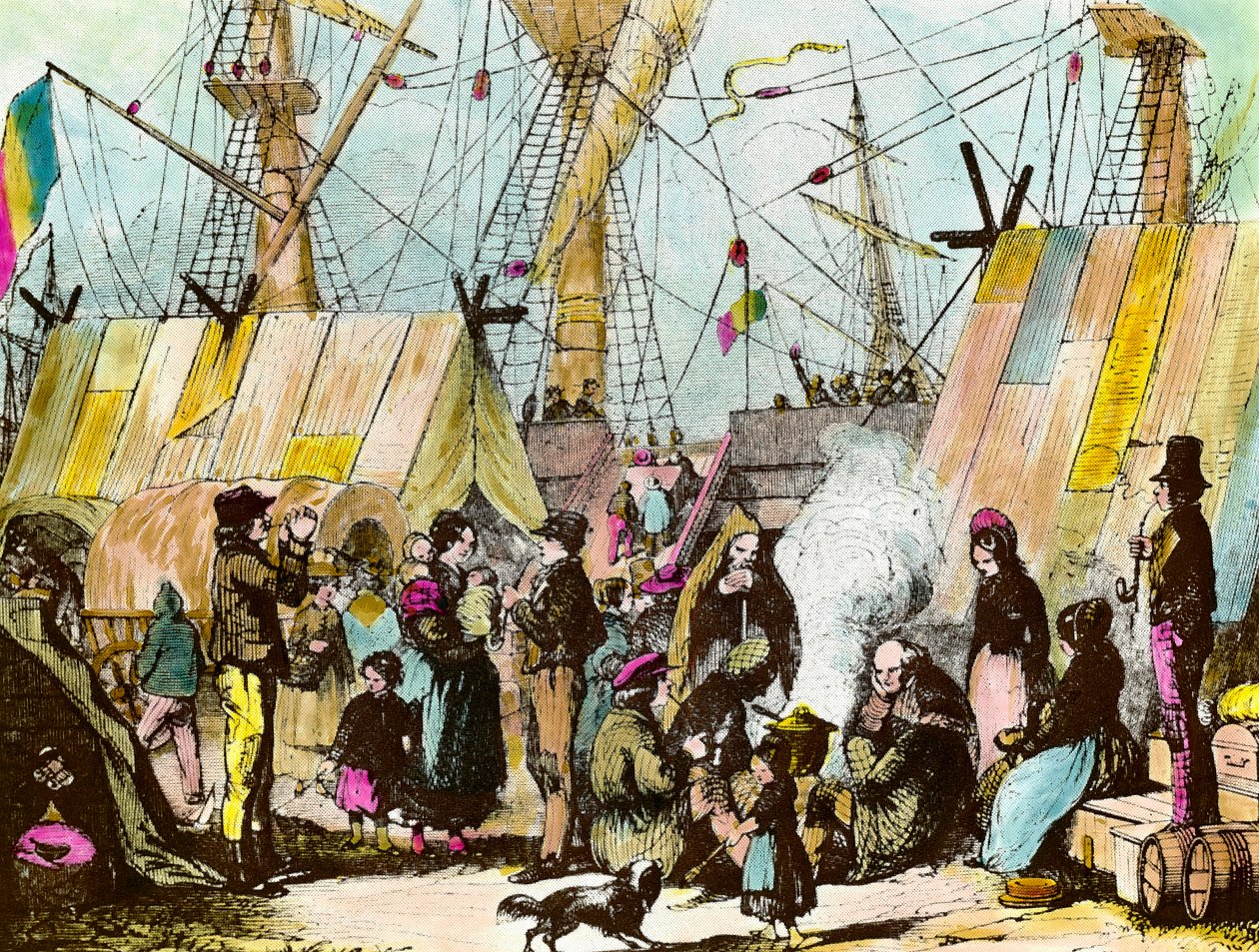 Maahanmuuttajien perheet leiriytyivät Le Havren satamaan. Ernest Chartonin kaiverrus (1813-1905) Kaiverrus 1800-luvun yksityiskokoelmasta tekijältä Ernest Charton