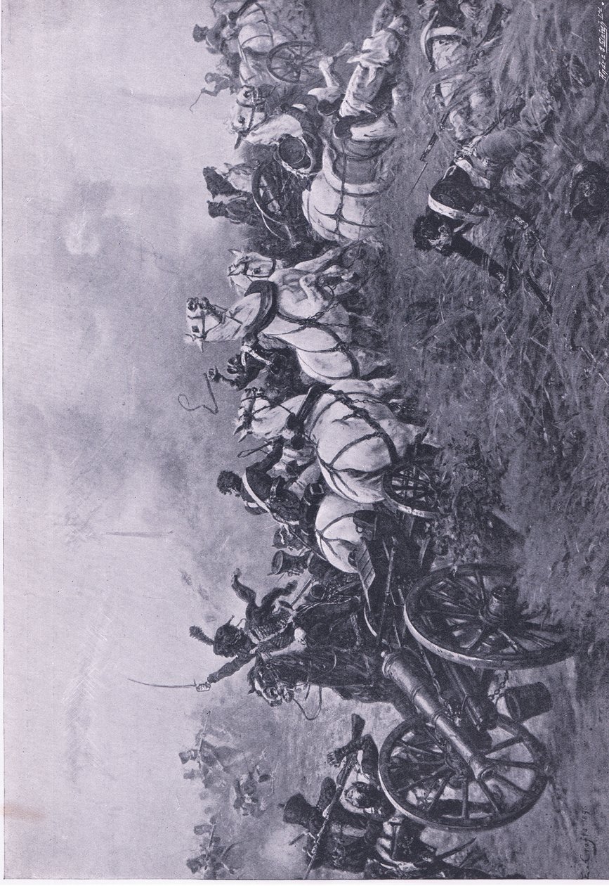 52. Oxfordshiren kevyen jalkaväkirykmentin ranskalaisen patterin valtaaminen Waterloossa 18. kesäkuuta 1815, kuvitus teoksesta British Battles on Land and Sea , 1915. tekijältä Ernest Crofts