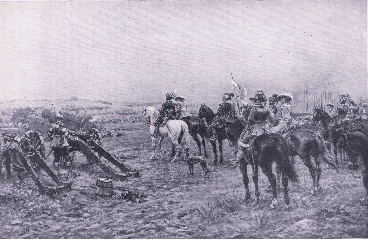 Prinssi Rupert Marstonin taistelussa, 2. heinäkuuta 1644, kuva brittiläisistä taisteluista maalla ja merellä, 1915 tekijältä Ernest Crofts
