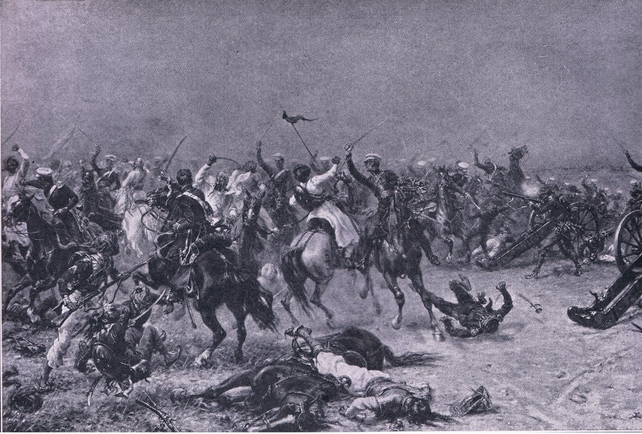 Kings Own Light Dragons -hyökkäys Mudkissa, kuvitus brittiläisistä taisteluista maalla ja merellä, 1915 tekijältä Ernest Crofts