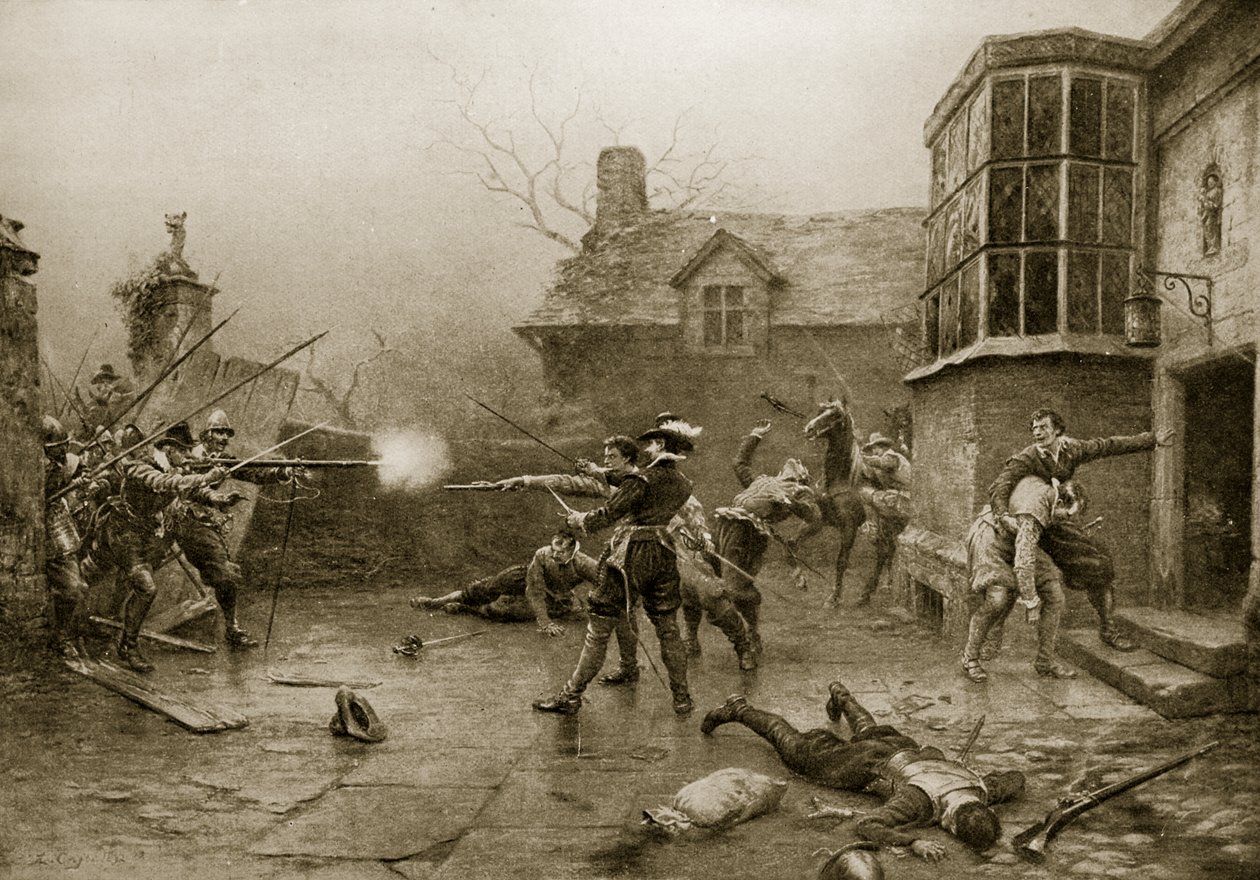 Gunpowder Conspiratorsin viimeinen osasto, 1606, kuvitus teoksesta "Hutchinson