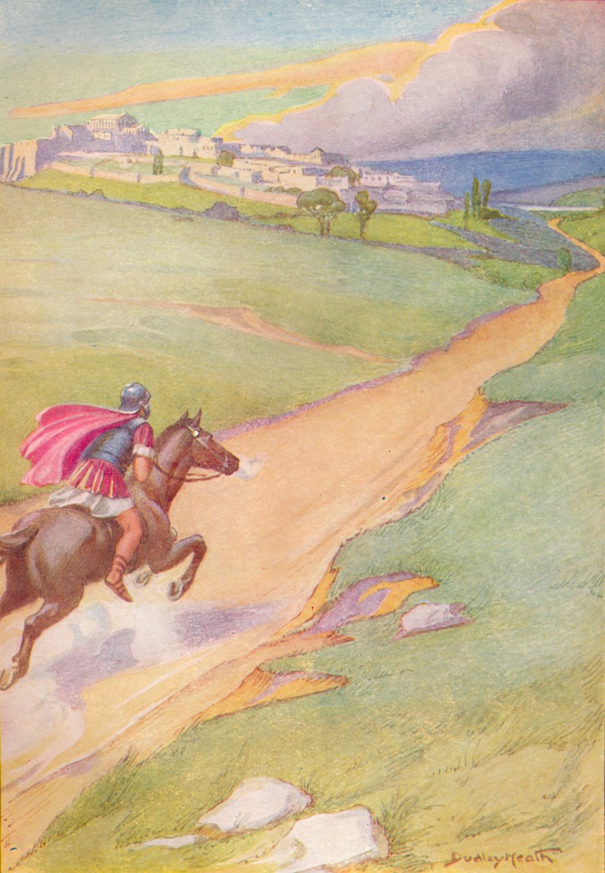 Sanansaattaja nähtiin kannustavan hevosta kohti kaupunkia, c1912 1912 tekijältä Ernest Dudley Heath