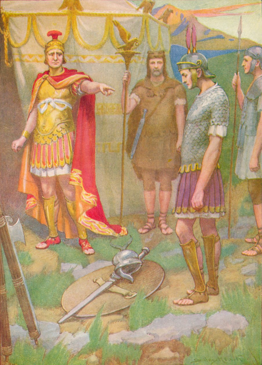 "Nuori laski viholliselta ottamansa aseet isänsä jalkojen juureen", c1912 1912 tekijältä Ernest Dudley Heath