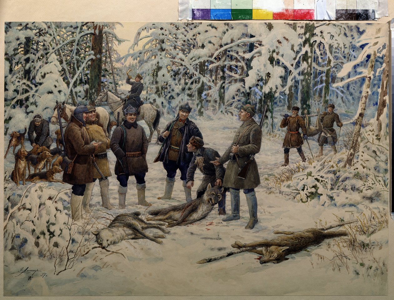 Onnistuneen metsästyksen jälkeen. Metsästäjäryhmät keräävät riistaa (susia) torvea puhaltavan ratsastajan merkiksi. Ernest Ernestovich Lissnerin (1874-1941) maalaus öljy kankaalle tekijältä Ernest Ernestovich Lissner