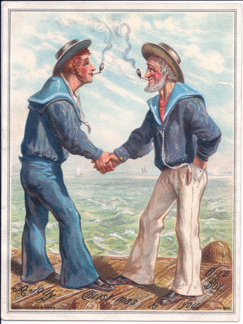 Viktoriaaninen joulukortti kahdesta merimiehestä, jotka polttavat savipippuja ja kättelevät, n. 1880 (värilitho) tekijältä Ernest Henry Griset