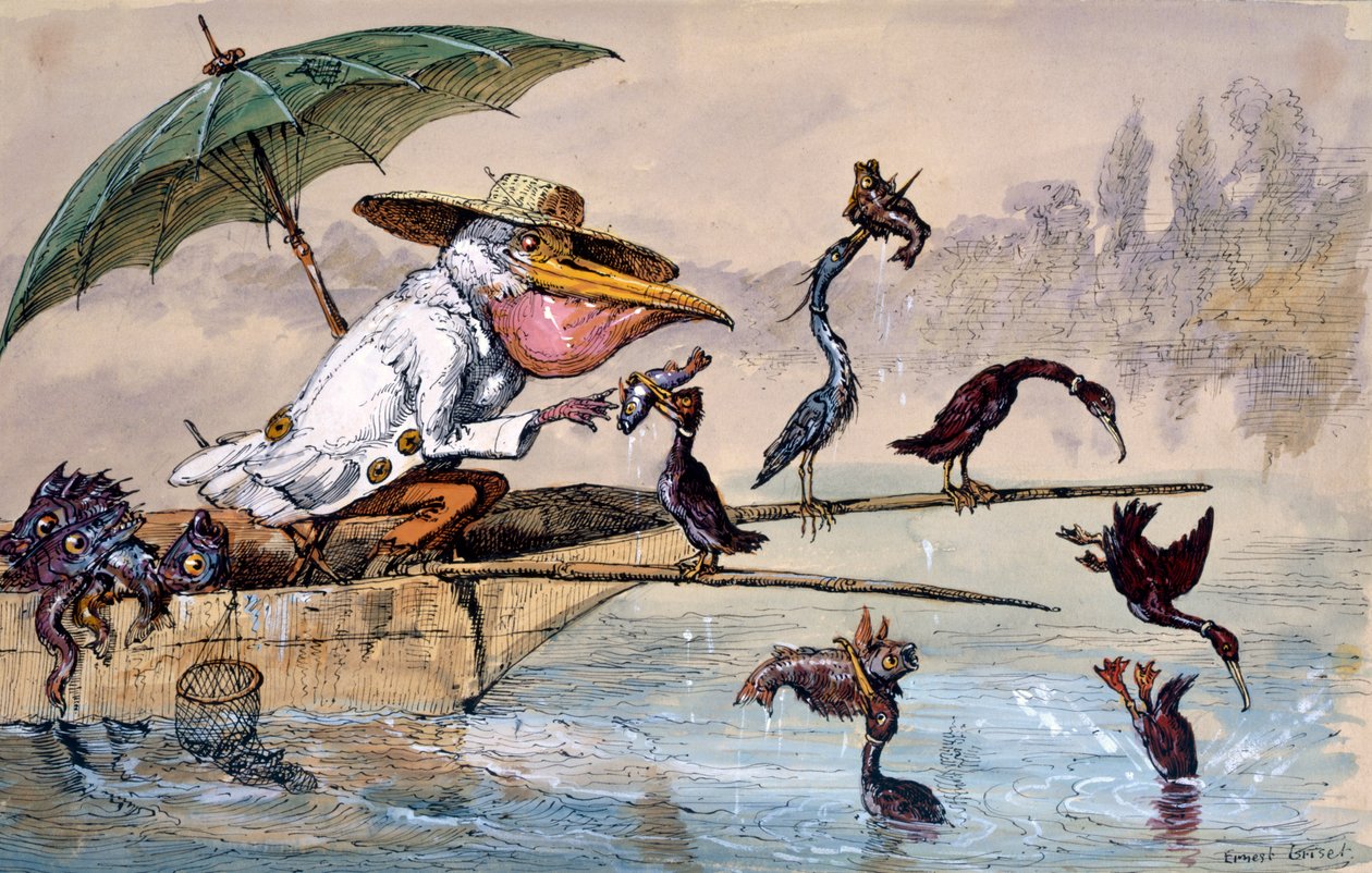 Merimetsot esittelevät kaloja pelikaanille sateenvarjon alla olevassa puntissa, c1864-1907 tekijältä Ernest Henry Griset