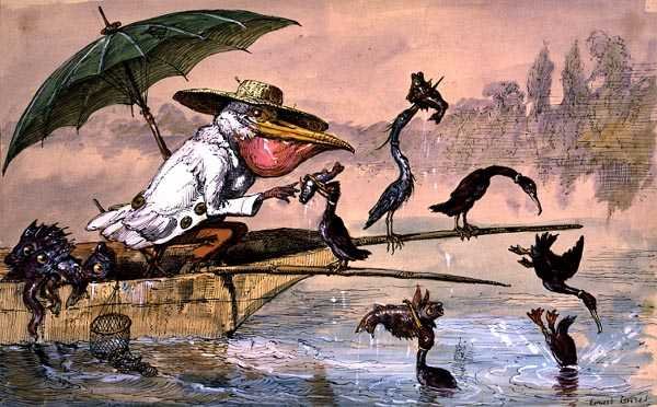 Merimetsot esittelevät kalaa pelikaanille sateenvarjon alla olevassa kalastajan unelmassa (kynä & muste ja akvarelli) tekijältä Ernest Henry Griset