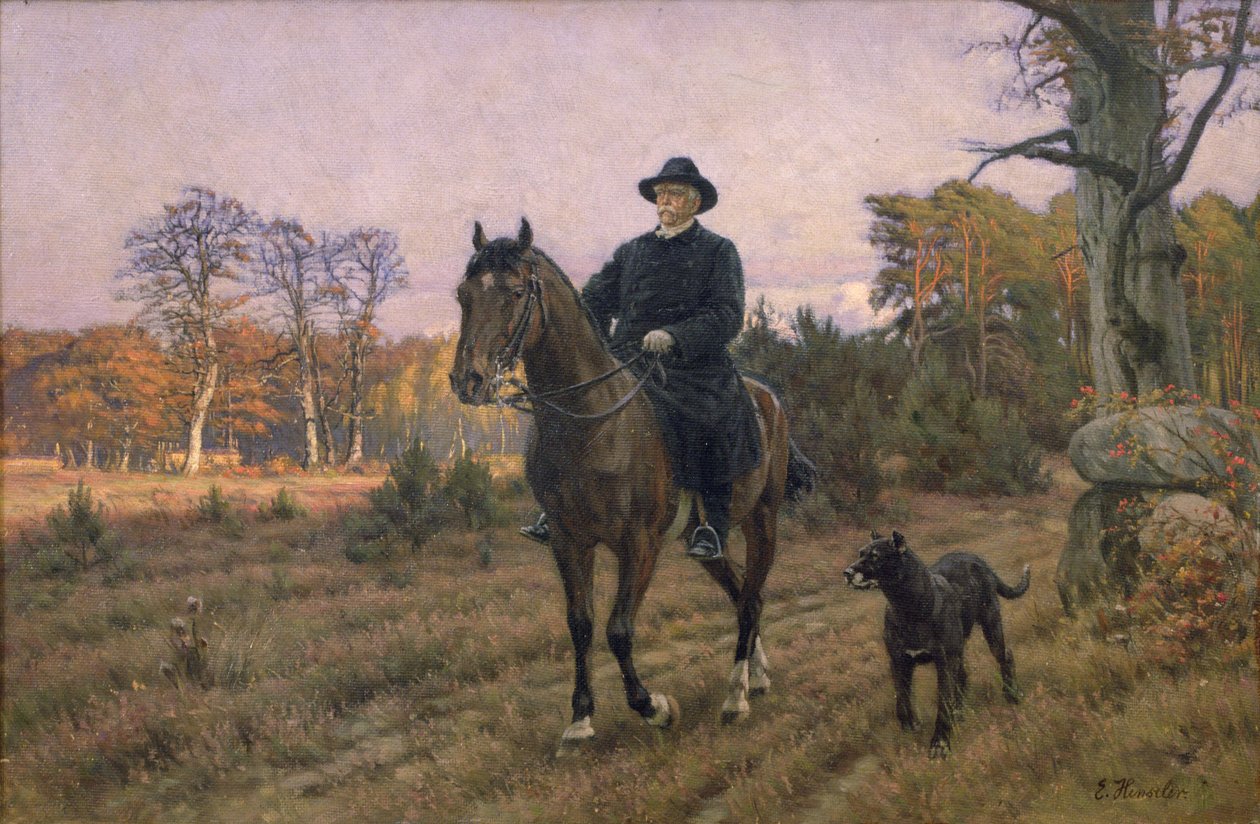 Bismarck hevosen selässä koiran kanssa (öljyprintti) tekijältä Ernest Henseler