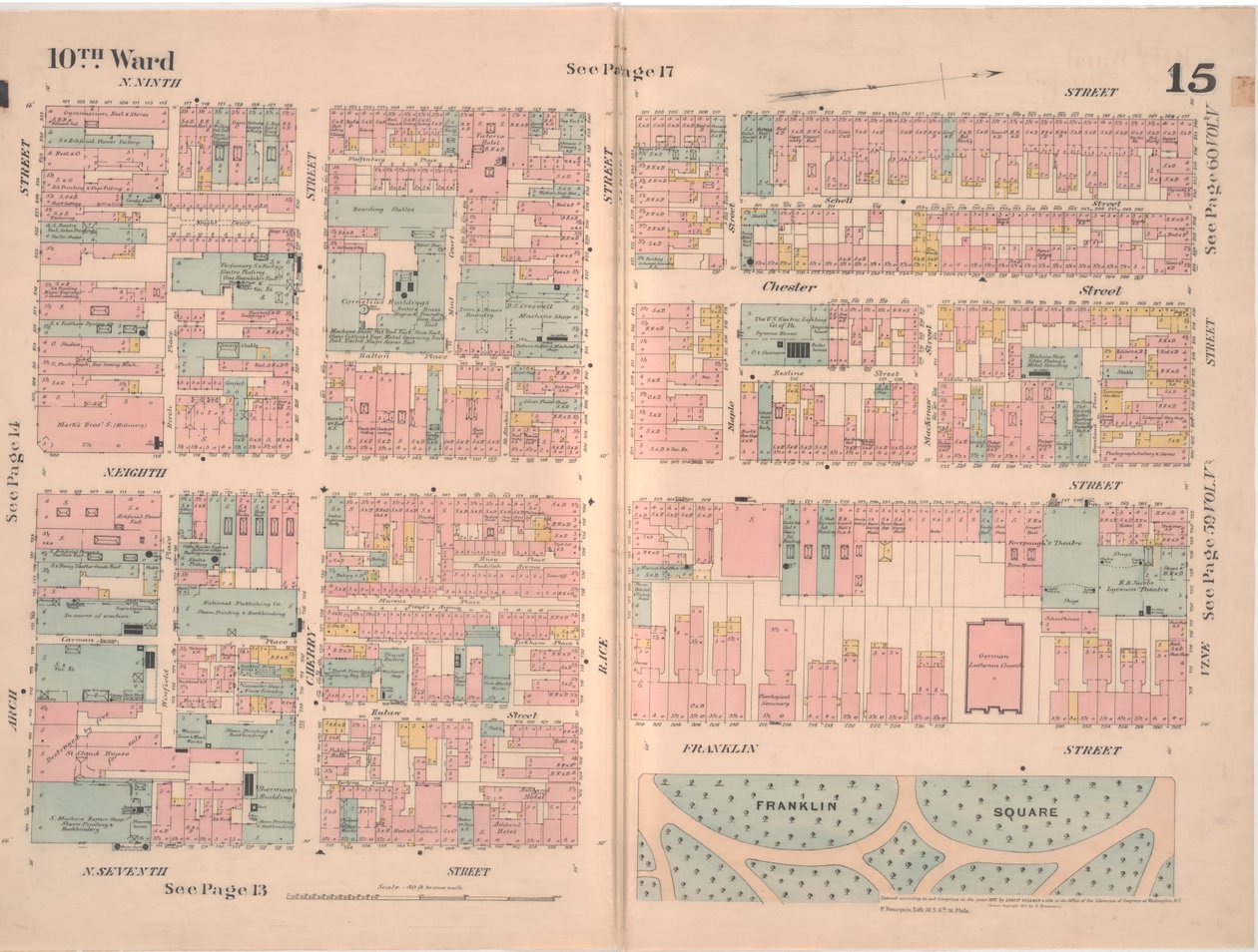 Philadelphian kaupungin vakuutuskartta; osa 2, levy 15, 1887 (käsinvärinen kaiverrus) tekijältä Ernest Hexamer