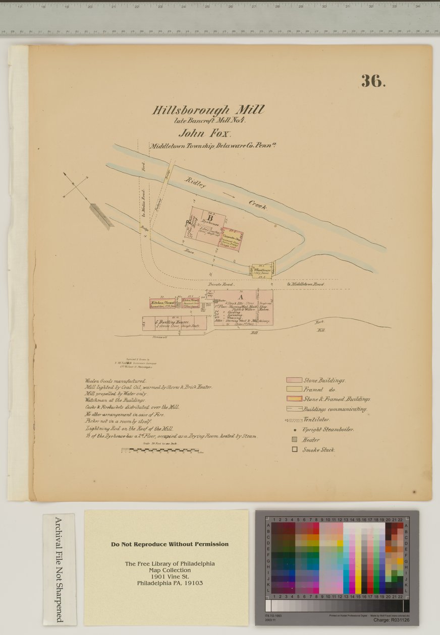Suunnitelma Hillsborough Mill, Middletown Township, Delware, kuva "Hexamer General Surveysista" (kynä ja muste pesulla paperille) tekijältä Ernest Hexamer