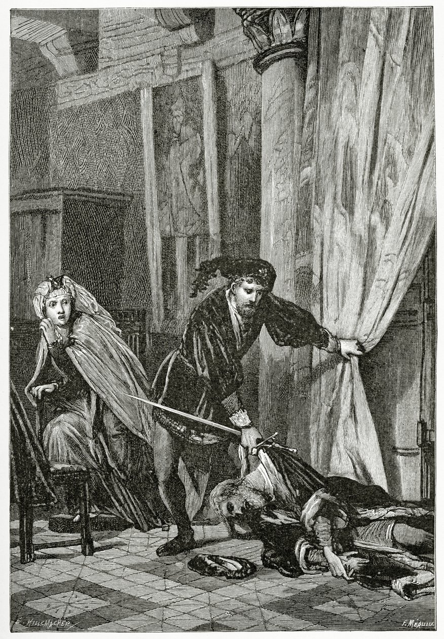 Kohtaus Hamletista, 1800-luku (bw-kaiverrus) tekijältä Ernest Hillemacher