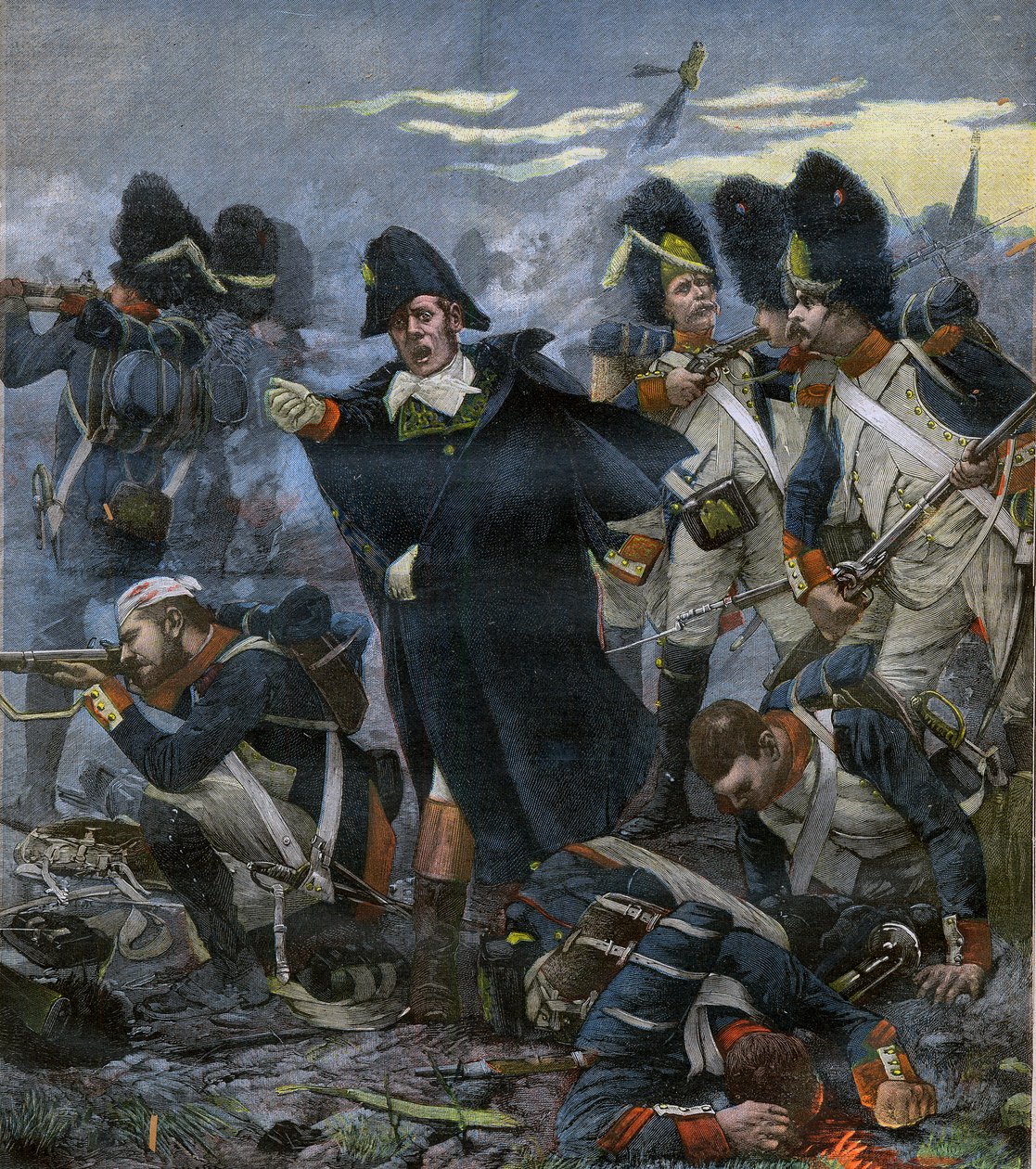 Kenraali Pierre Cambronne (1770-1842) joukkojensa rinnalla Waterloon taistelussa - kaiverrus Delahayen, Ernest Jeanin (1855-1921) mukaan - tekijältä Ernest Jean Delahaye