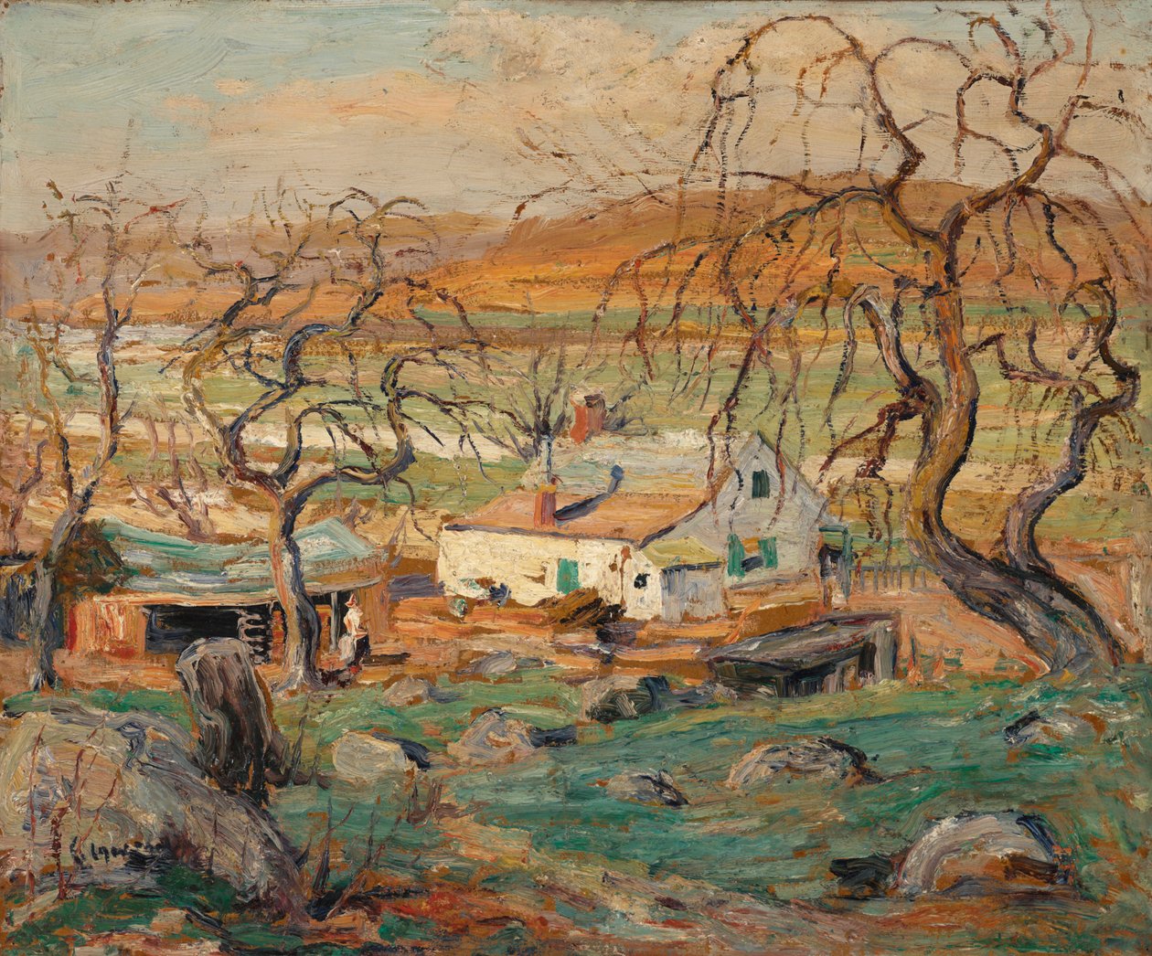 Maisema ryppyisten puiden kanssa (öljy pahville) tekijältä Ernest Lawson