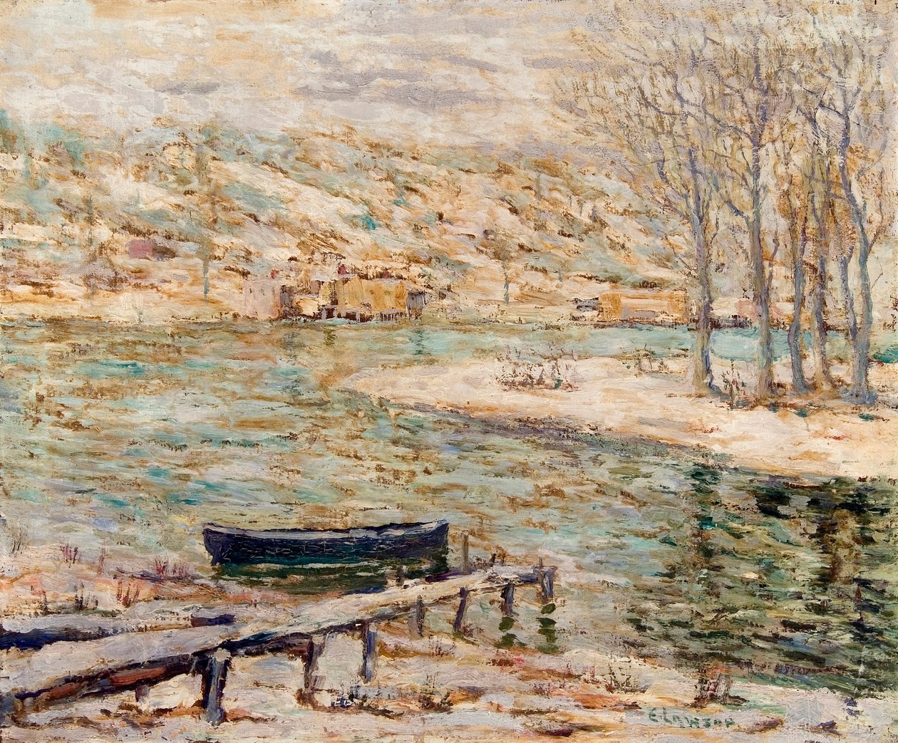River Scene – vene ja puut tekijältä Ernest Lawson