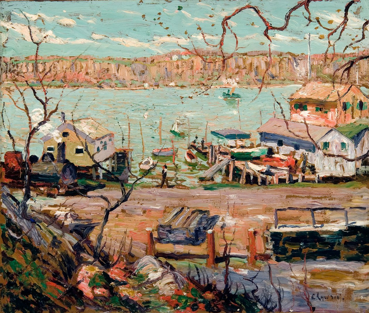 River Scene – veneitä ja taloja tekijältä Ernest Lawson