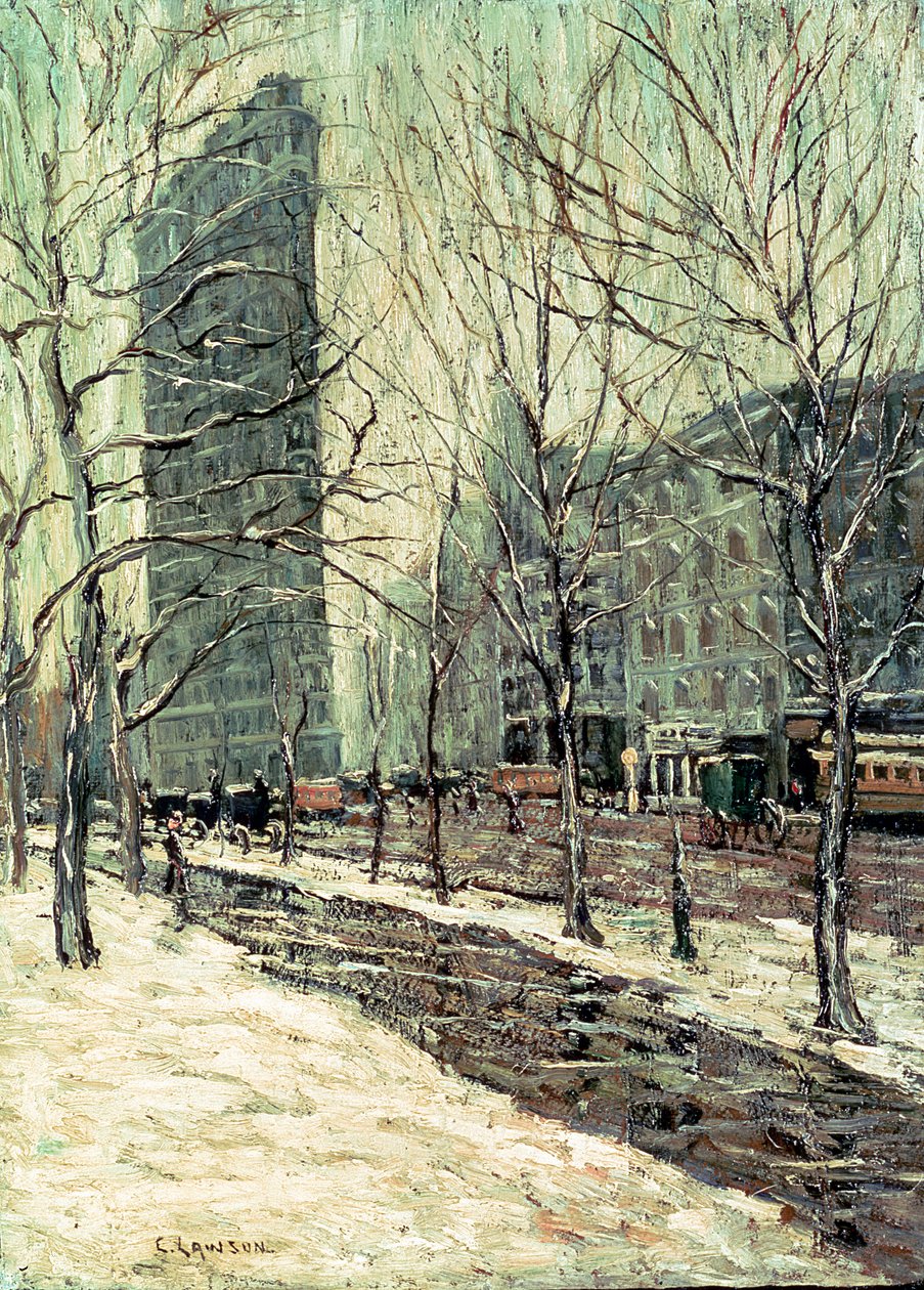 The Flatiron Building, New York, n. 1903-05 (öljy aluksella) tekijältä Ernest Lawson
