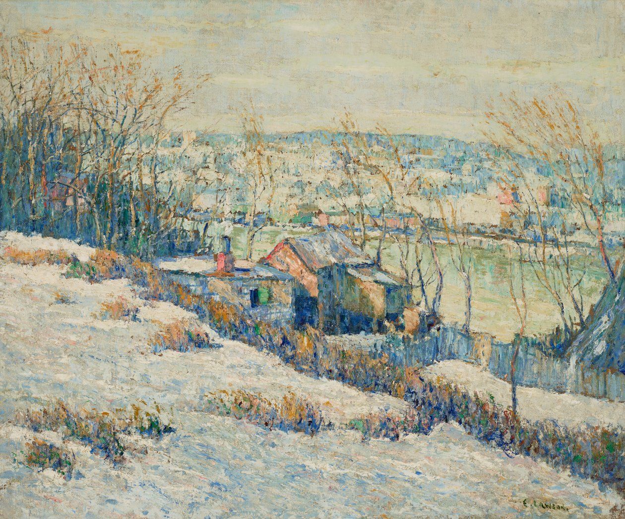 Ylä-Harlem-joen talvi, n.1915 (öljy kankaalle) tekijältä Ernest Lawson