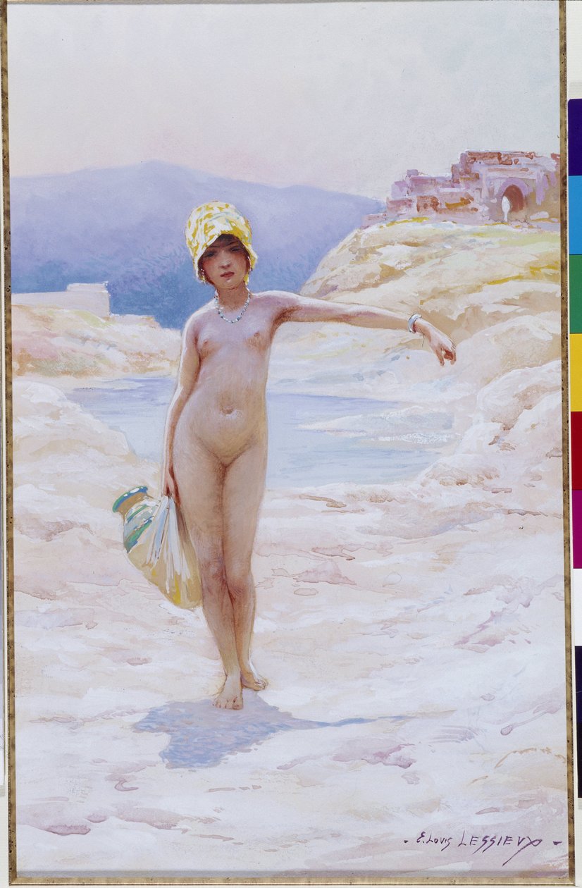 Algerialaistytöllä on kannu Alaston tyttö, jolla on hattu yllään, vesikannu yllään lähellä erämaan keitaan vesilähdettä. Akvarelli Louis Ernest Lessieux (1874-1925) Pakollinen maininta: Collection fondation regards de Provence, Marseille tekijältä Ernest Louis Lessieux