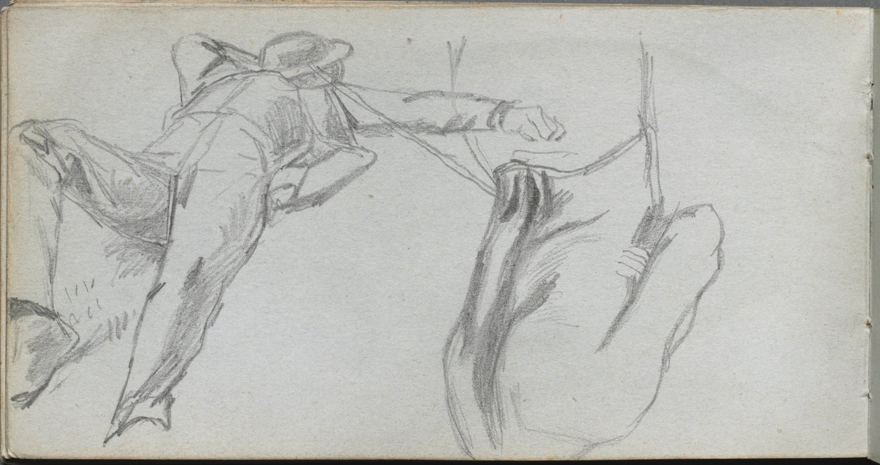 Luonnosvihko, sivu 58: Makaava figuuri ja figuuri takaapäin. tekijältä Jean Louis Ernest Meissonier