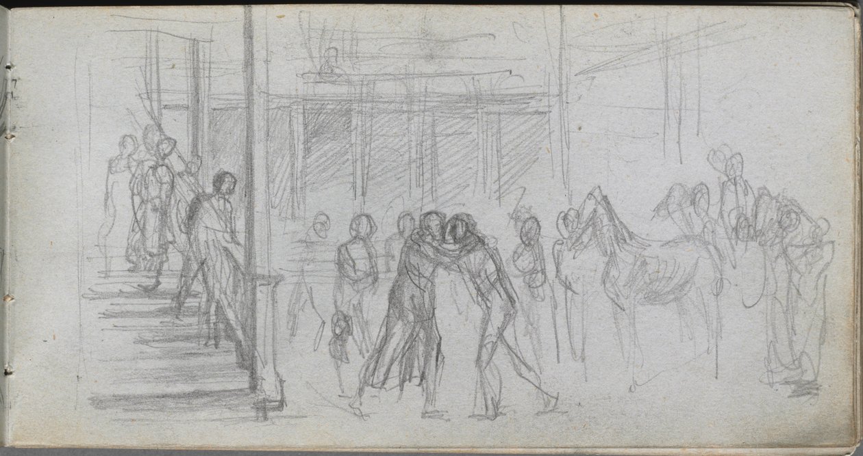 Luonnoskirja, sivu 62: Figuurityö, portaat, hevonen. tekijältä Jean Louis Ernest Meissonier
