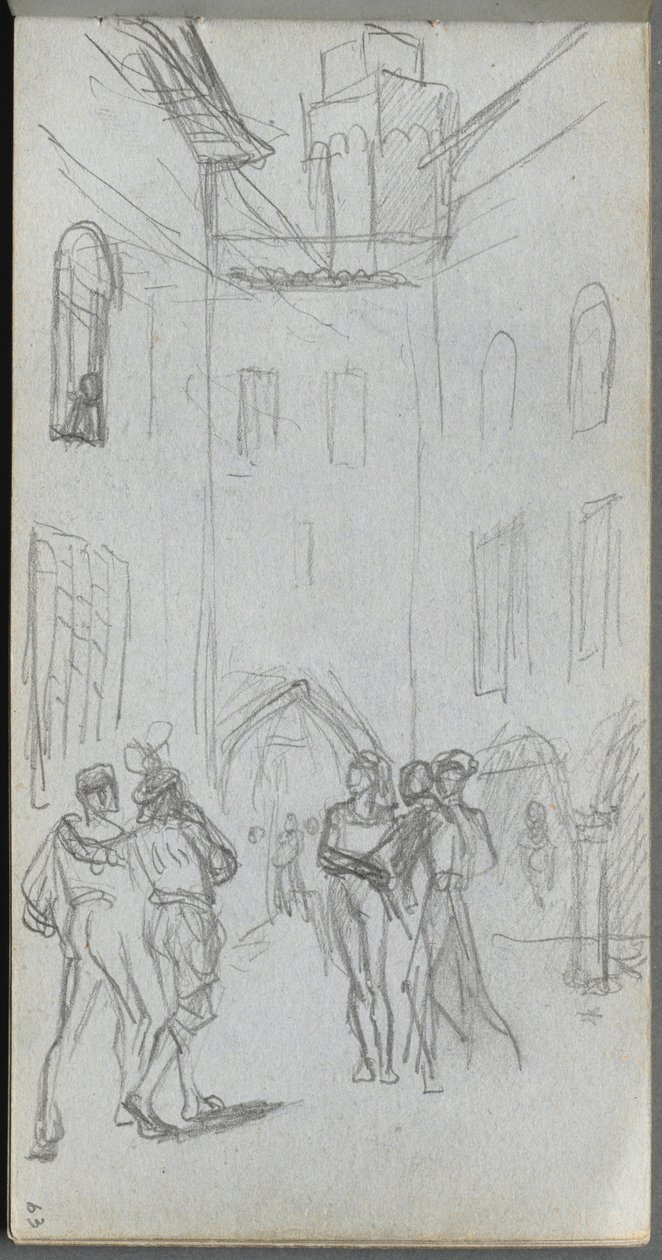 Luonnoskirja, sivu 63: Figuurit pihalla tekijältä Ernest Meissonier
