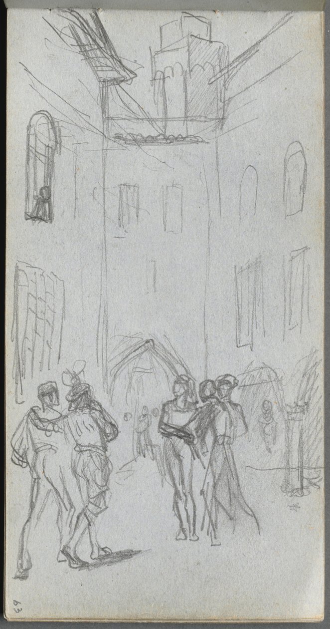 Luonnoskirja, sivu 63: Figuurit pihalla. tekijältä Jean Louis Ernest Meissonier