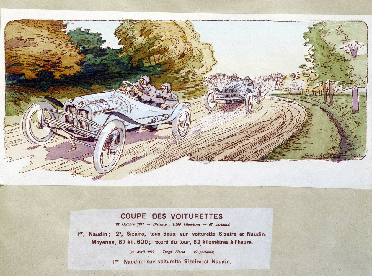 Autokilpailut: kärryjen leikkaaminen vuonna 1907 - piirustus Ernest Montaut (1878-1909). tekijältä Ernest Montaut